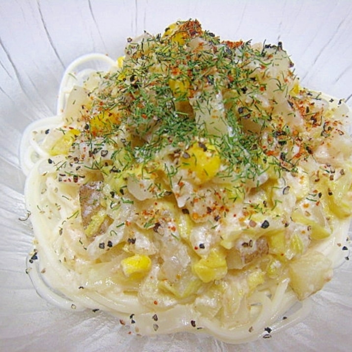 野菜だけで絶品♪白菜コーン梅豆乳カルボナーラうどん